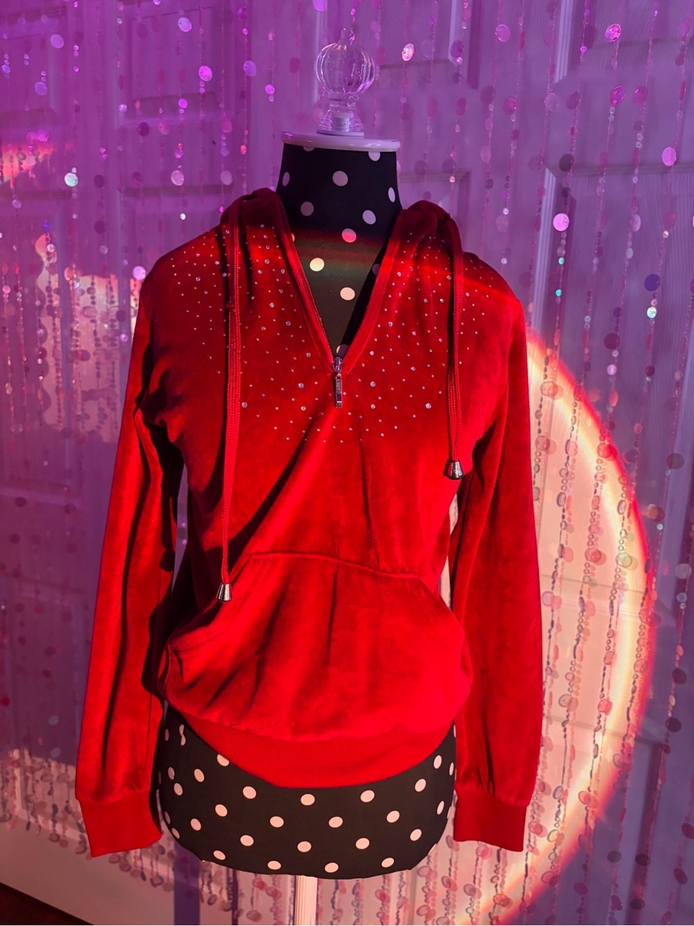 Y2K Red Velour Half Zip Hoodie with Sequins